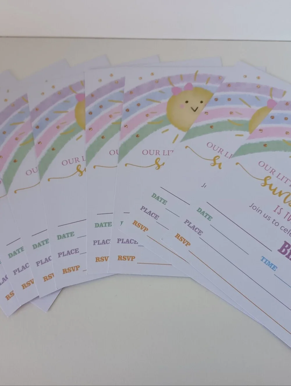 Nine Birthday Party Invitations Sun Rainbow With Thirteen White Envelopes Invite